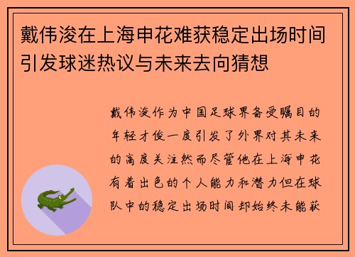 戴伟浚在上海申花难获稳定出场时间引发球迷热议与未来去向猜想